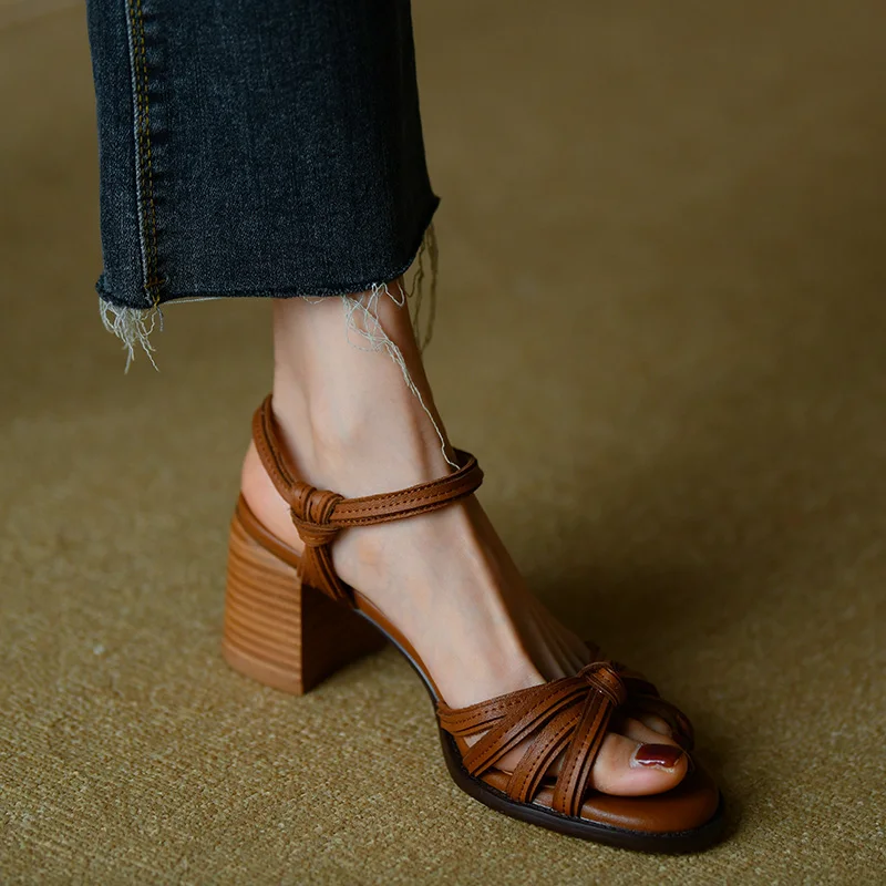 Summer Sandals Thick Heel Retro Sandals One Strap Female Pumps Cowhide Ladies Shoes Buckle Gladiator Sandal Roman Style Open Toe