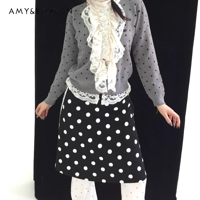 

Original Design Korean White Polka Dot Women's Short Skirt Autumn Winter New Sweet Versatile Elastic Waist A-line Skirts Ladies