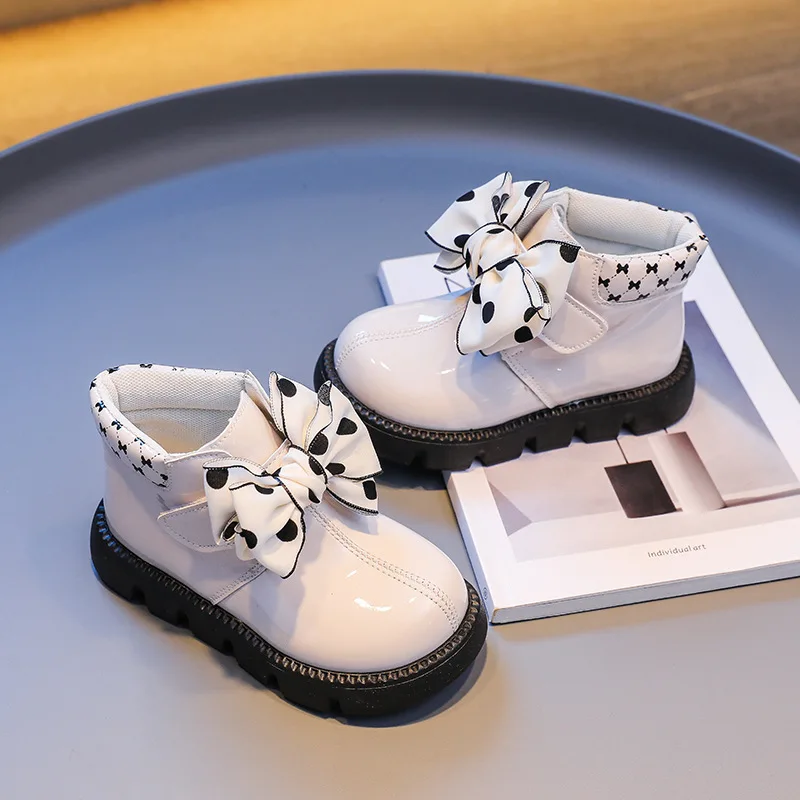 Fashion Girls Shoes 2025 Winter New Kids Bow Leather Boots Comfort Anti Slip Girls' Ankle Boots Simple Versatile Child Snow Boot