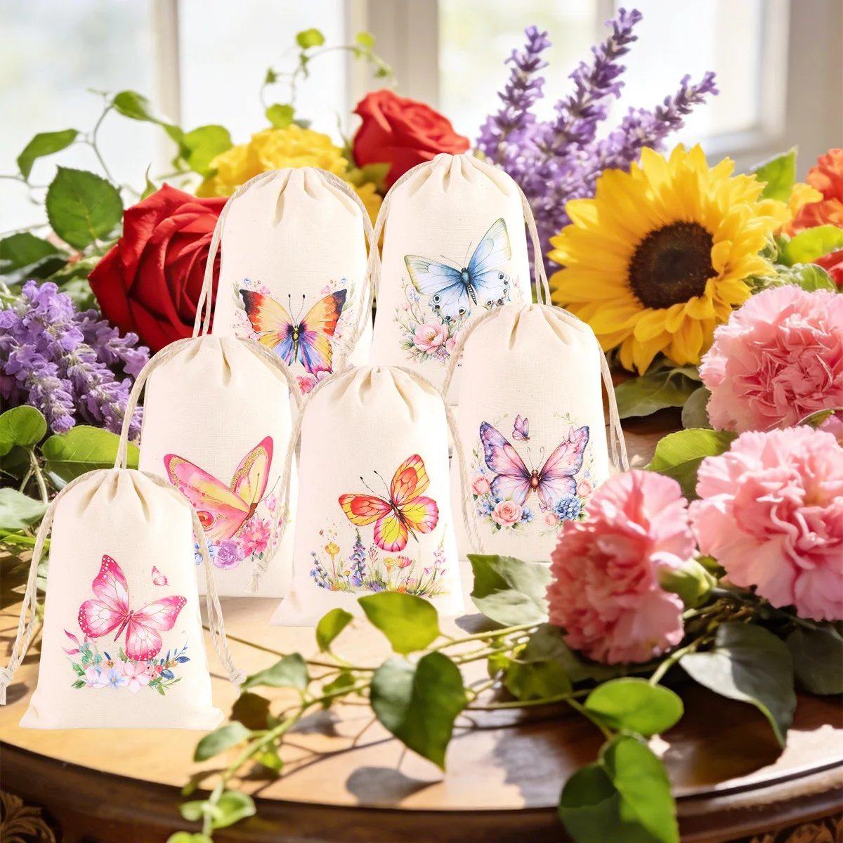 6 Stück Baumwollbeutel mit Schmetterlingsmotiv, Frühlingsparty-Geschenkverpackung, kleine Baumwollbeutel, Heimverpackungsbeutel, DIY-Geschenke für den Urlaub – Detail 9