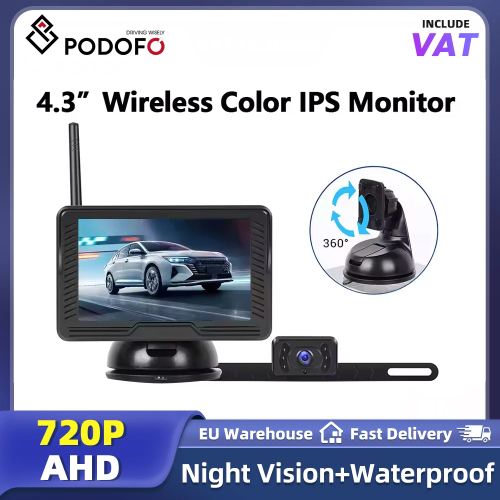 Podofo 4,3 Zoll Auto-Monitor LCD IPS-Bildschirm Rückfahrkamera Drahtlose Rückfahrkamera Anti-Interferenz Lange Reichweite IP69 Wasserdicht