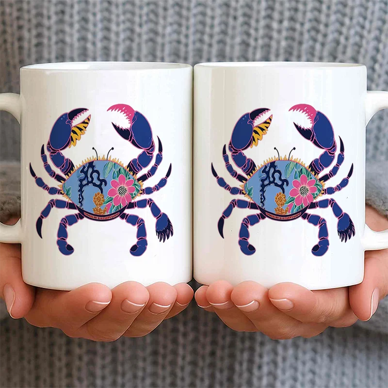Blue Crab Colorful Print Ceramic Coffee Mug 11oz 350ml Personalized Custom Cute Aesthetic Microwave Safe Birthday Gift Office Mu