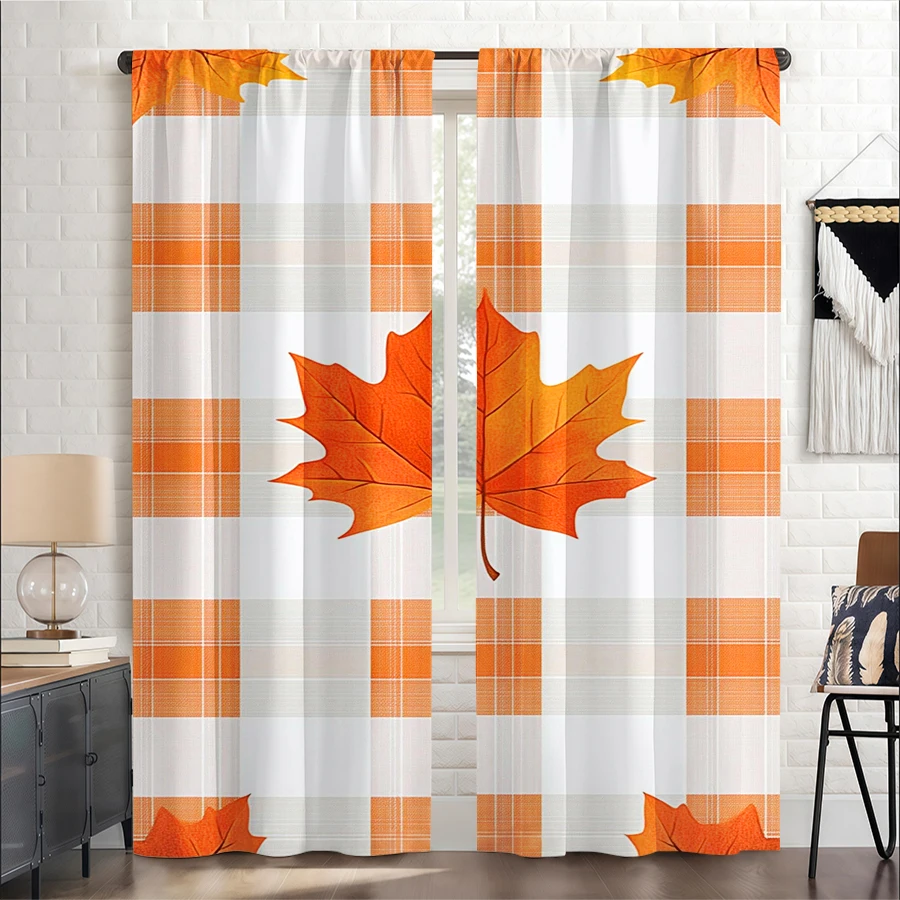 2PCS Digital Print Curtain, Orange White Plaid with Large Maple Leaf, Fall Rustic Farmhouse Style for Living Room Bedroom Decor