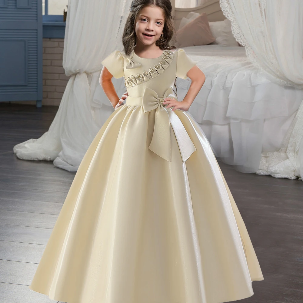 Mädchen Blume Kurzarm Kleider für Hochzeiten Kinder formelle Geburtstags feier Prinzessin Kleidung Kinder Abend Satin Bogen Vestidos