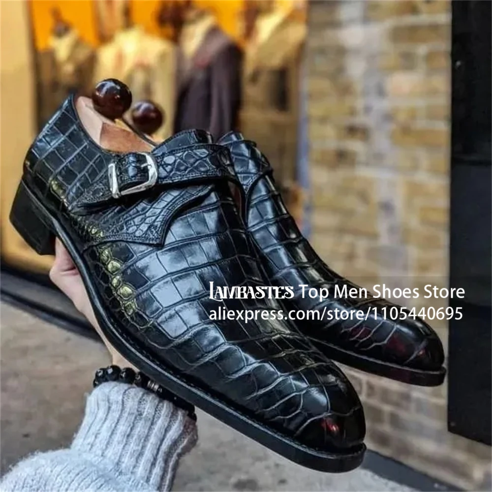 Crocodile Embossed Single Monk Strap Shoes Luxurious Designer Style Buckle Monk Formal Dress Shoes Glossy Leather Wedding Shoes