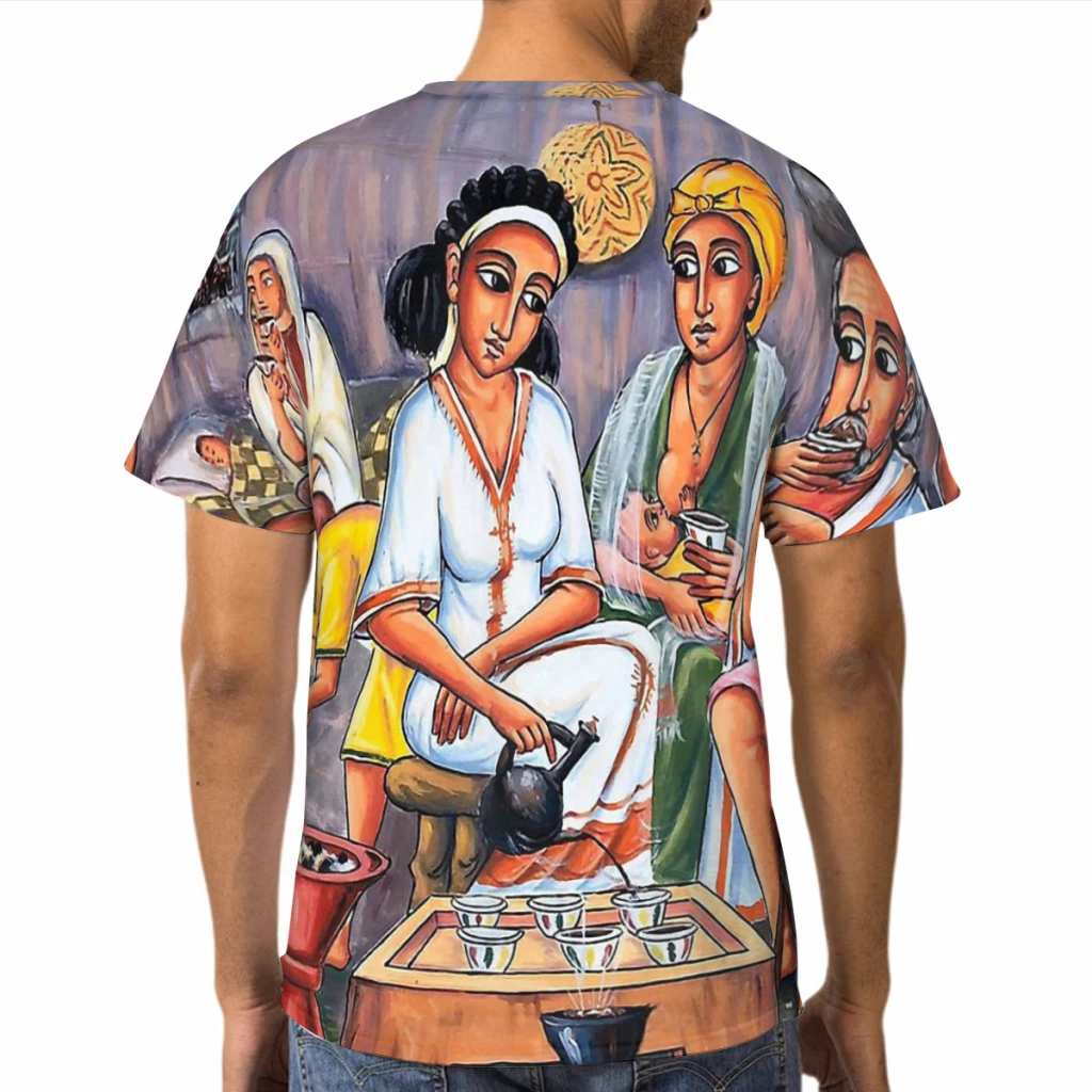 Ethiopian Painting Art Coffee Ceremony Polyester TShirts  Male Style Tops Thin T Shirt Round Neck