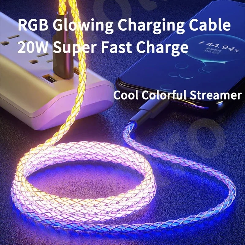 RGB Super 6A Fast Charging Date Cable Flow Cool Colorful Streamer linea incandescente per Huawei Xiaomi Type-C USB C Charger