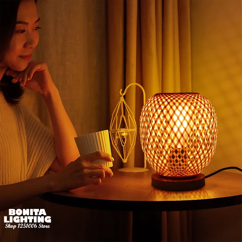 New Chinese Style Southeast Asia Homestay Hotel Atmosphere Light and Shadow Table Lamp Handmade Bamboo Ratten Woven Desk Lamp