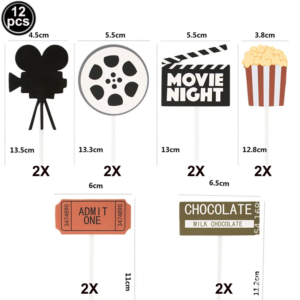 Glitter Happy Birthday Movie Cake Toppers Camera Cake Toppers Video Recorder Popcorn Family Movie Night Themed Party Supplies