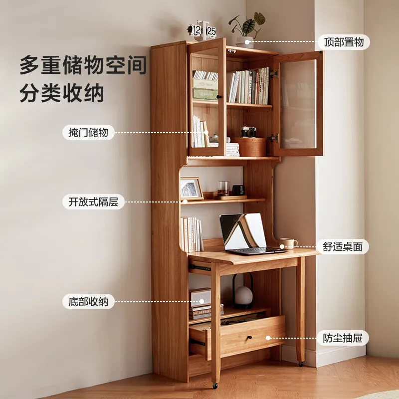 Folding study table Solid wood desk Bookshelf integrated household bedroom Computer desk Writing desk