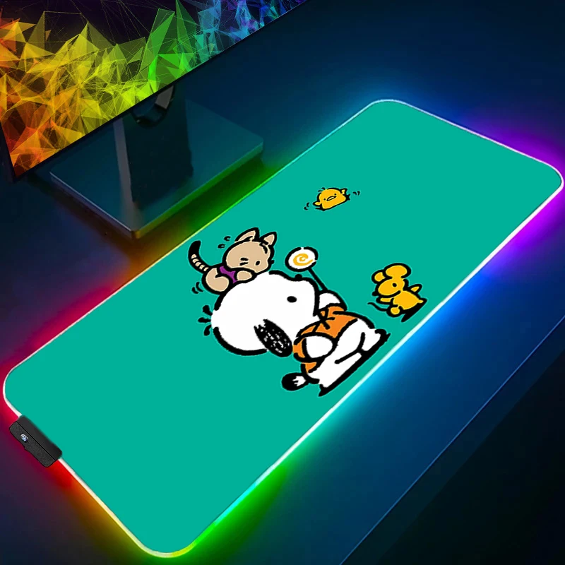 Grote muismat RGB Pochacco laptop pc gamer toetsenbord mat XXL muismat LED rand wit voor beste cadeau achtergrondverlichting rubberen tafelmat