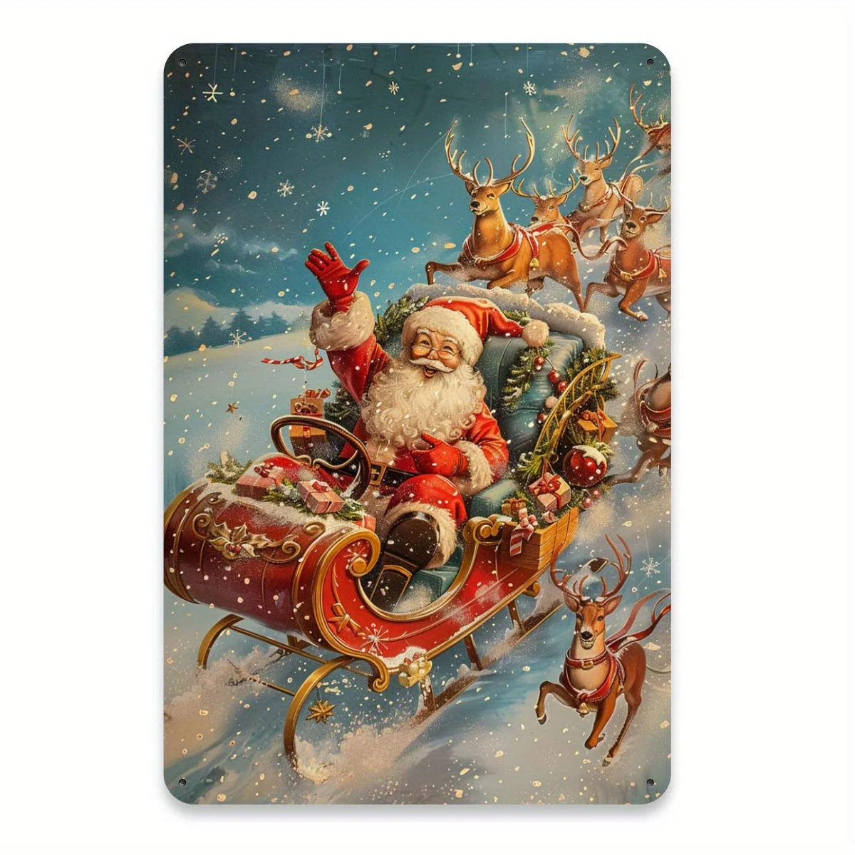 1pc Vintage Christmas Iron Metal Tin Sign, Santa Claus Sleigh with Reindeer Foil Carving, Festive Wall Art for Home, Office, Res