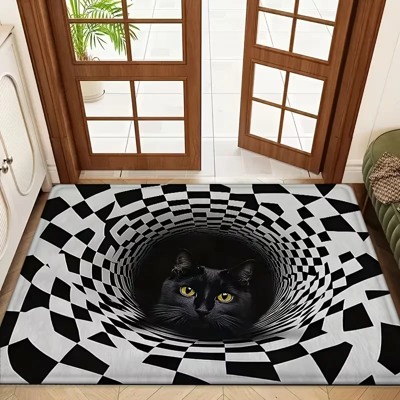 Checkered Vortex Black Cat Illusion Doormat Funny Optical Tunnel Effect Non Slip Creative Entry Rug For Hallway Entrance Decor