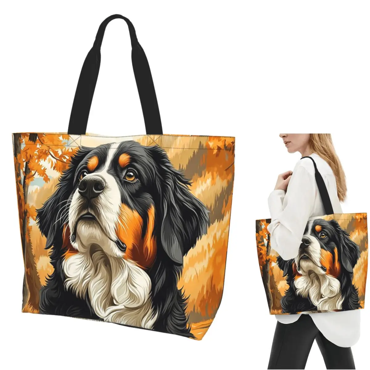 Bernese Mountain Dog In Autumn Shopping Tote Bag Canvas Large Capacity Shoulder Bags Shopper Grocery Handbag for Women