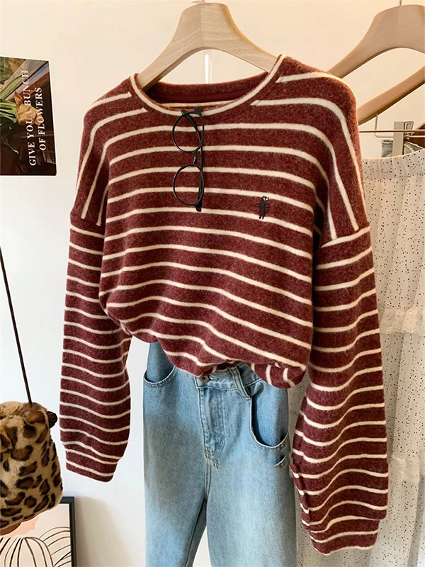 

Large Size 300 Pou Casual Sle Embroidered Pattern Faux Rabbit Fur Striped Autumn Winter Worn in Long Sve Women's Top