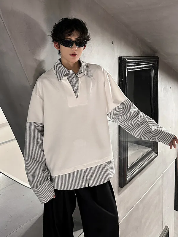 

Casual Striped Patchwork Fake Two-Piece Men's irt American Sweatirt Loose Trendy Spring Faion Urban Sle Long Sve