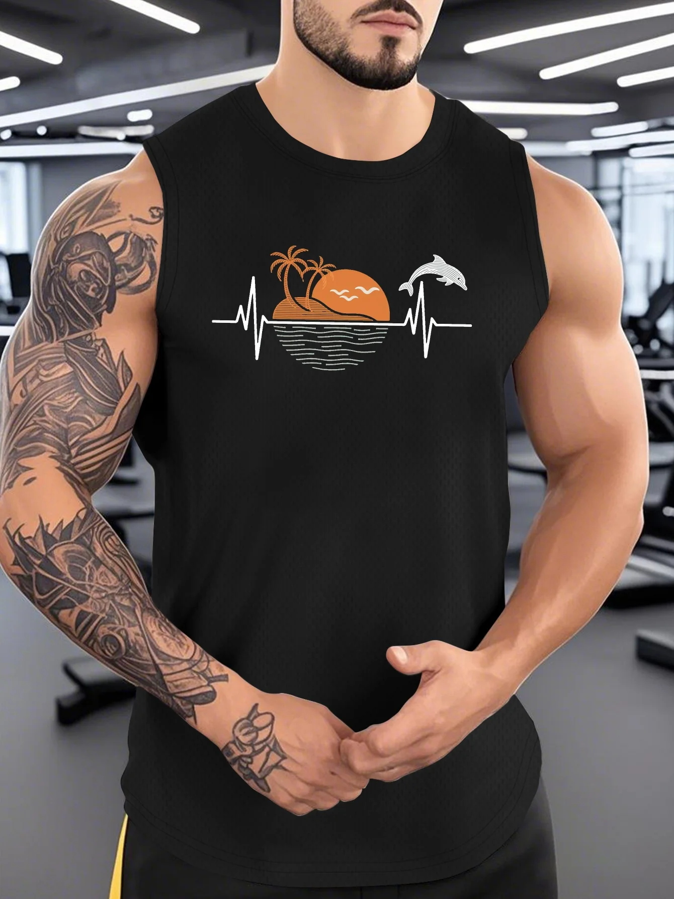 

Men's sports sleeveless shirt - Tropical dolphin and palm tree pattern - Lightweight beach fitness vest