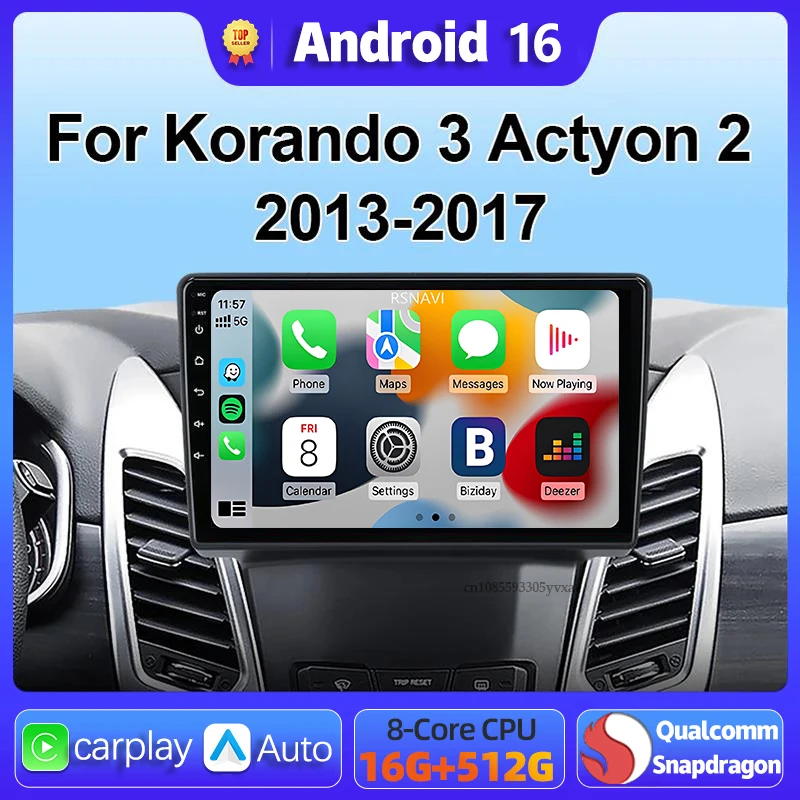 Android 16 Carplay Car Radio Multimedia For SsangYong Korando 3 Actyon 2 2013 - 2017 Head Unit BT GPS video DVD Autoradio Stereo