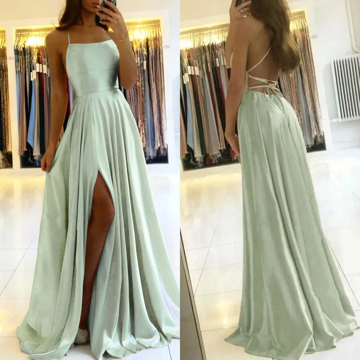 Wedding Prom Party Gowns Sleeveless A-line Long Satin Simple Spaghetti Straps Sexy Slit Vestidos Evening Dresses For Women