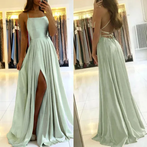 Vestidos de fiesta de graduación para boda, sin mangas, corte en A, largo de satén, tirantes finos simples, Vestidos sexis con abertura, Vestidos de noche para mujer