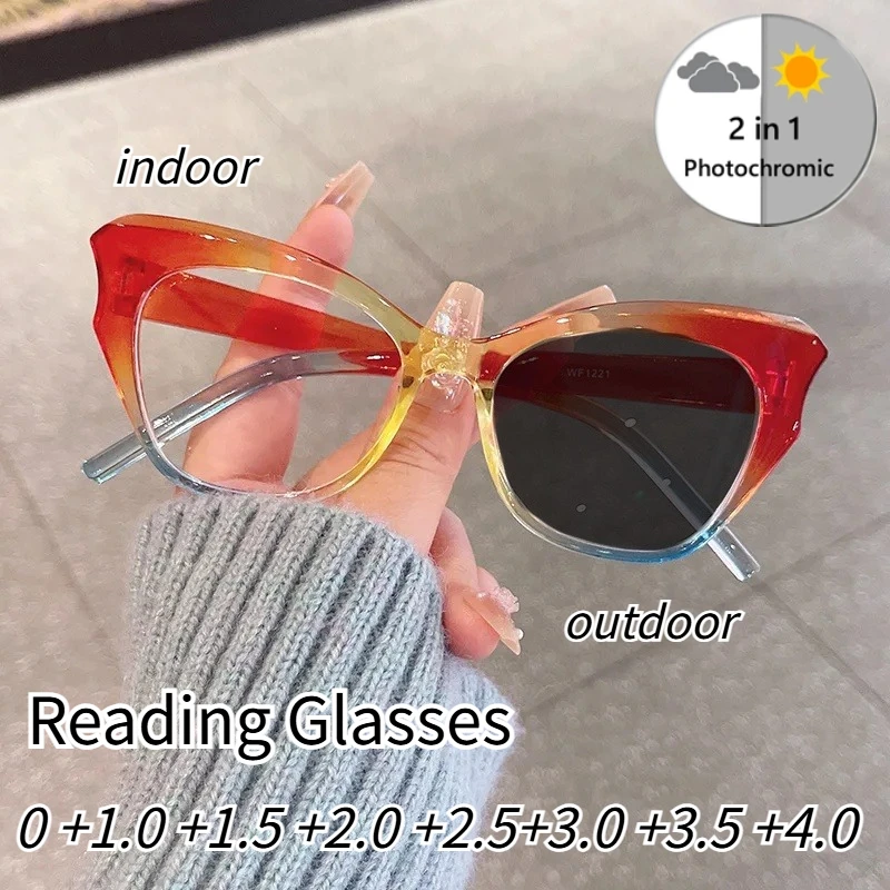 

Neutral Fashion Photochromic Reading Glasses New Retro Cat Eye High Definition Anti-Blue Light Hyperopia Glasses To +3.5+4.0