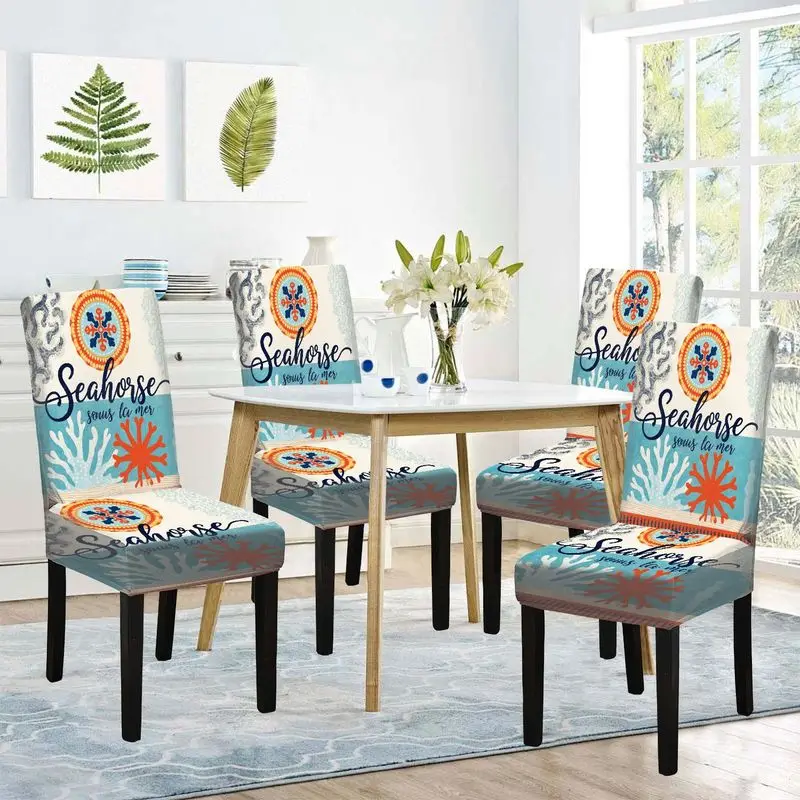

Чехол для обеденного стула с плоским принтом и красочным морским узором, многоразовый, моющийся, чехол для домашнего обеденного стула.