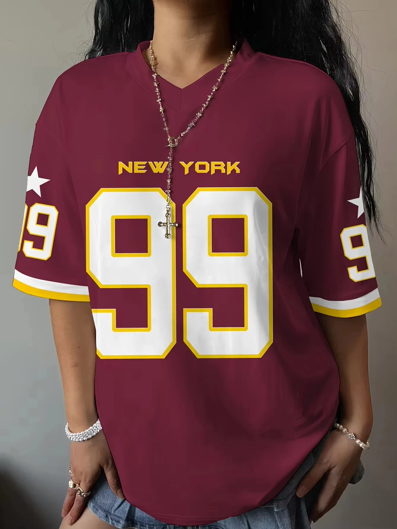 

Summer Fashion Women New Red Number 99 Placed Pattern Loose Summer Quick Drying Women Sports and Leisure Comfortable T-shirt
