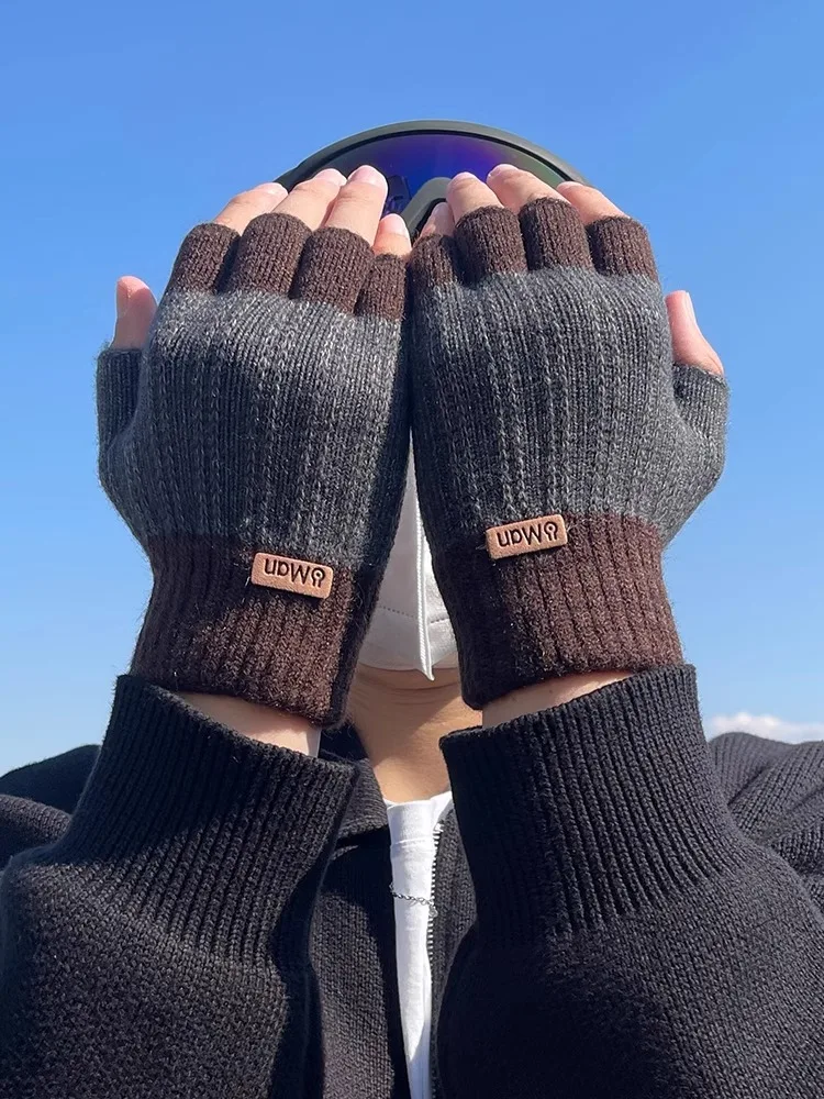 Thickened Knitted Half Finger Gloves Men's Winter Cycling Warm No Finger Student Writing Gloves Couple Unisex Youth Bike Gloves