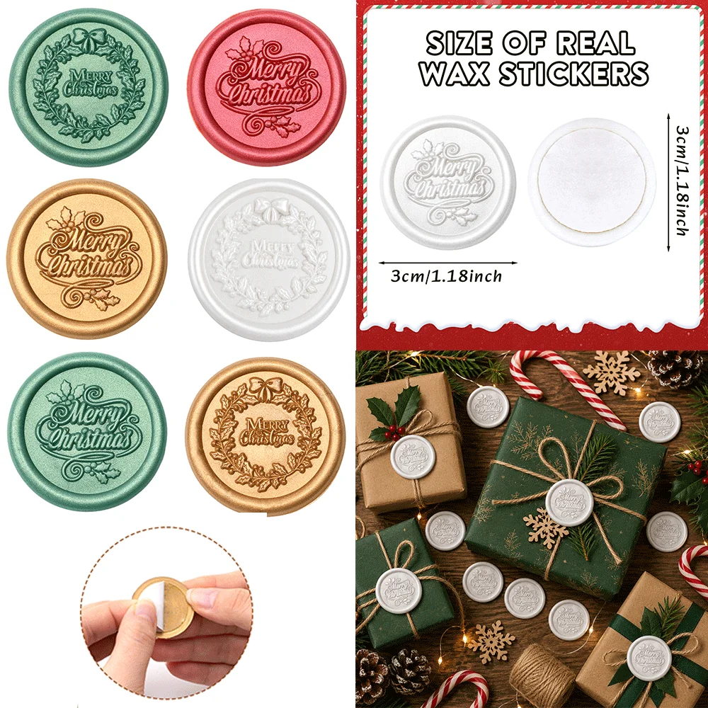 Merry Christmas Holly Wreath Embossed Wax Seal Stickers Self Adhesive Vintage Envelope Seals for Xmas Gift Packaging Greeting