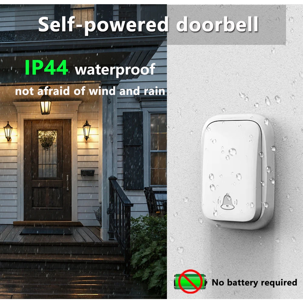 

Wireless Self Generating Doorbell Waterproof No Battery 150m Long Distance High Volume With Receiver