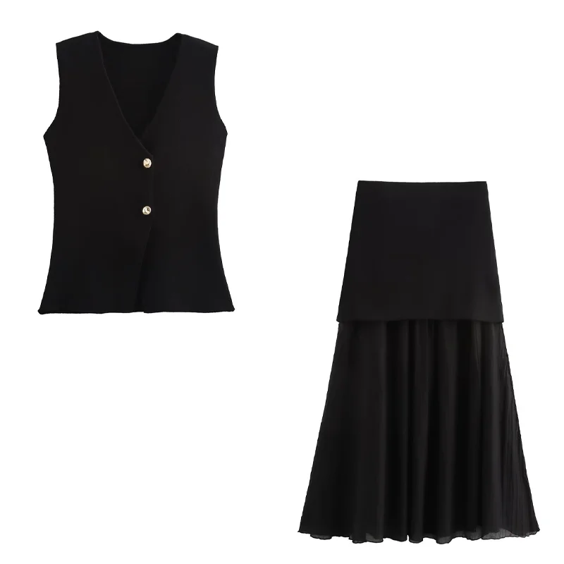 SMVP Women 2 Piece Set Chic V-Neck Sleeveless Button Knitted Vest Top+Splicing High Waist Side Zipper Ankle-Length Skirt