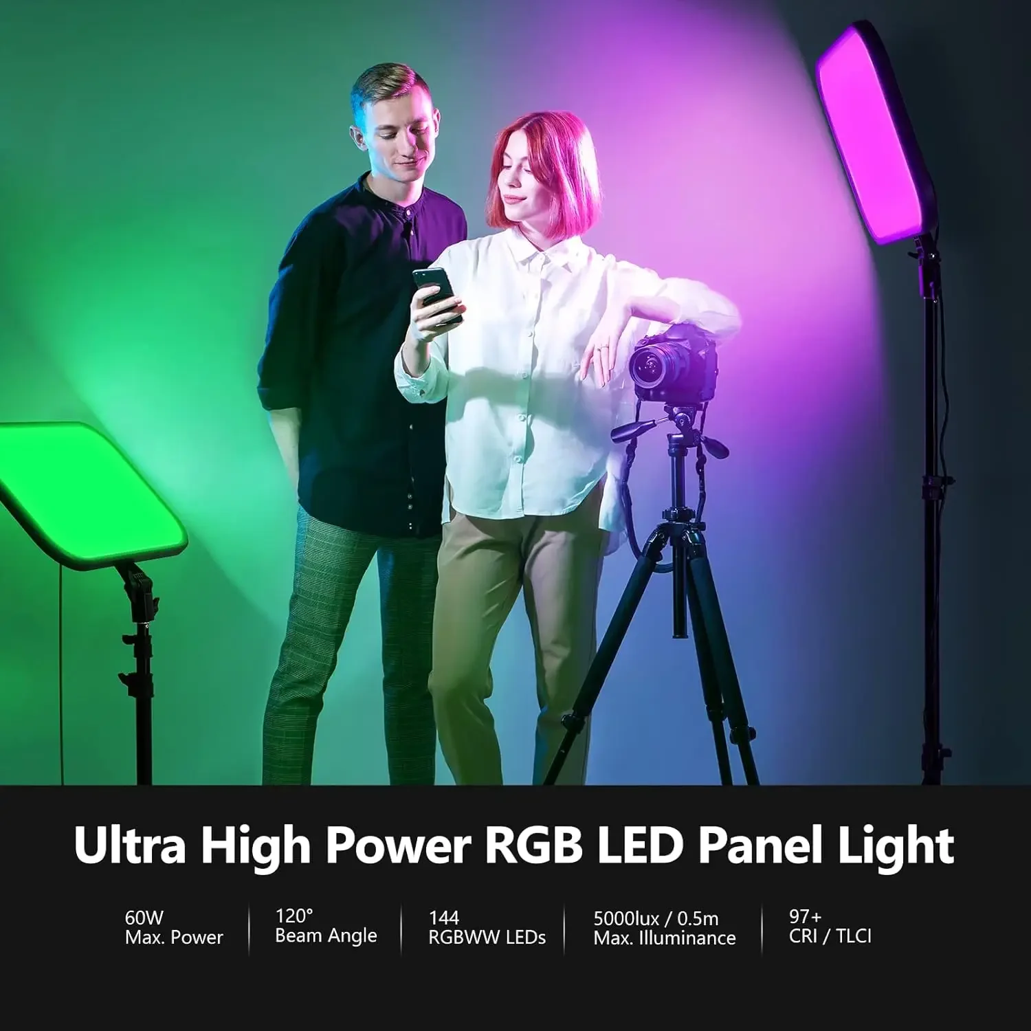 Pannello video LED RGB da 18,3" con controllo app, kit supporto da 2 pezzi, 360 °   Full Color/2500K~8500K/CRI97+/17 Effetti scena, 60W RGB