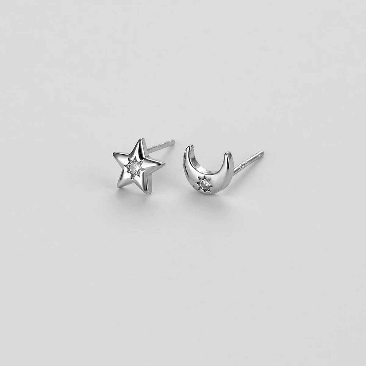 RYJU 925 Sterling Silver Zircon Moon Star Stud Earrings For Women Sweet Romantic Asymmetrical Stud Earrings Wedding Party Gifts