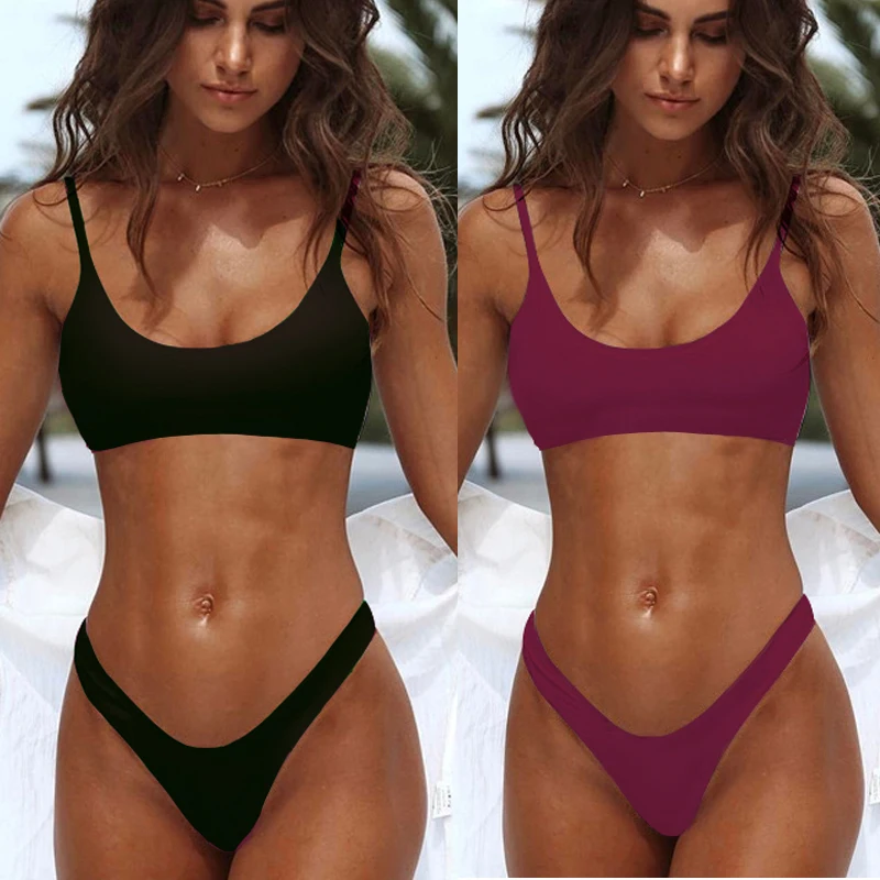 Maillot de bain brésilien deux pièces, sexy, couleur solide, micro, bikini, soutien-gorge rembourré, culotte tanga, pour femmes, vêtements de plage,