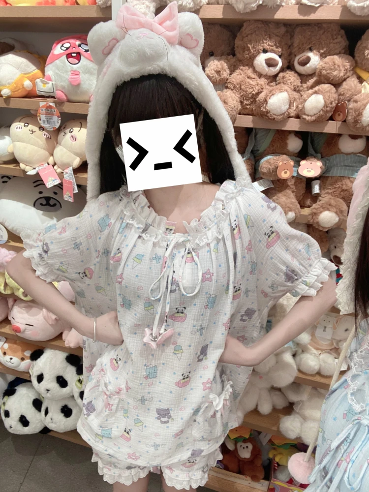 2025 Summer Japanese Original Pure Cotton Sweet Cute Cartoon Pajamas Skin-friendly and Breathable Outdoor Loungewear Pajamas Set