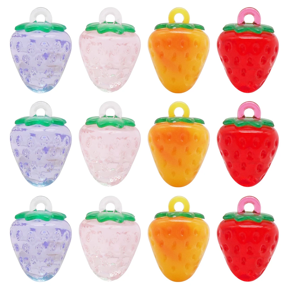 12PCS Resin Strawberry Charms Translucent 3D Fruit Pendants for Jewelry Making Accessories DIY Crafts Keychain Decor 18x13.5mm