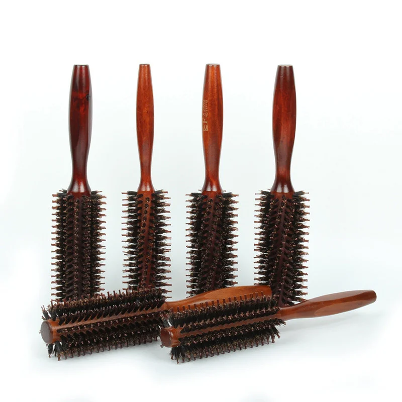 Natural Boar Bristle Hair Curling Comb Straight Twill Rolling Brush Round Barrel Blowing Curling DIY Hairdressing Styling Tool