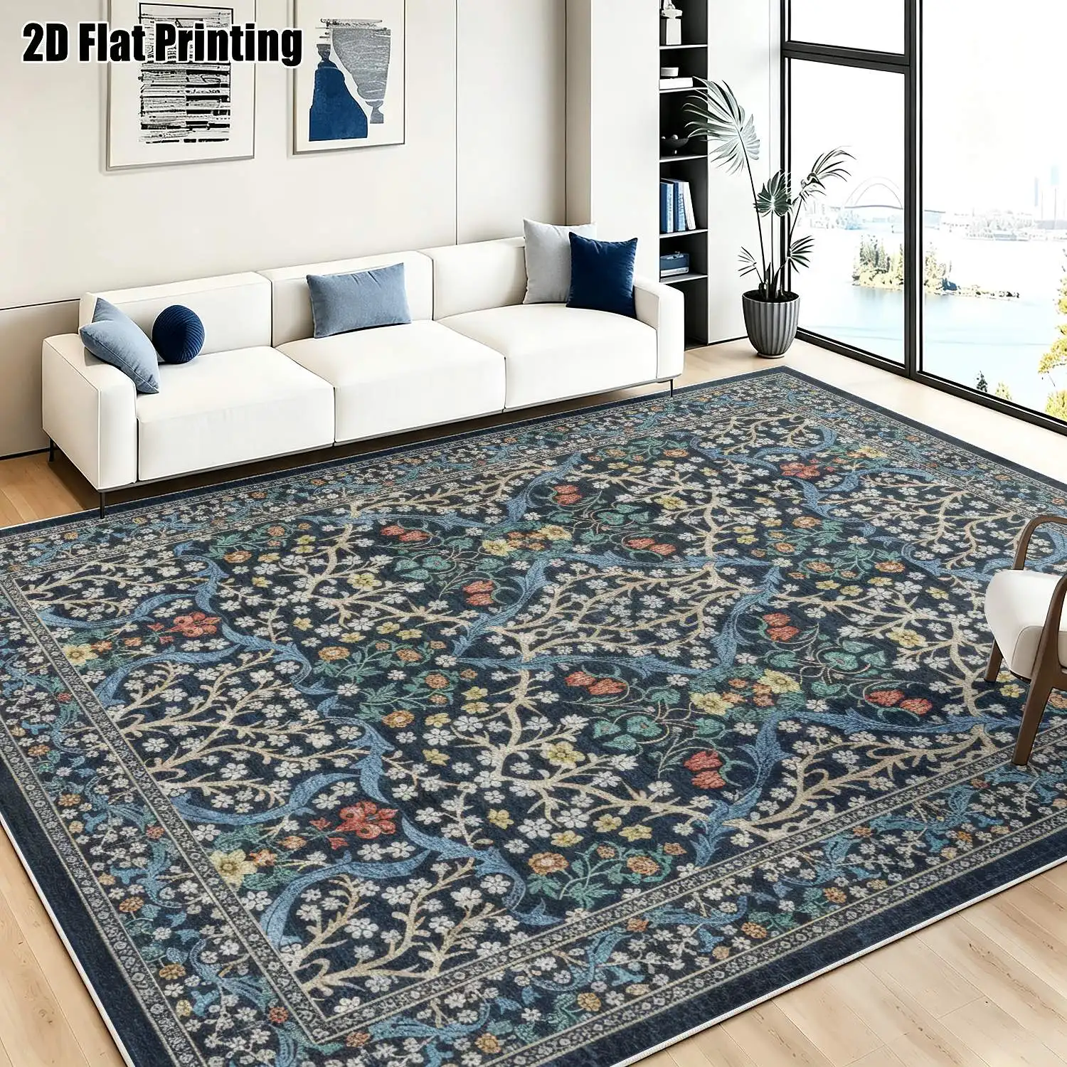 1Pc 2D Printed Velvet Carpet, Dark Blue Base Multicolor Floral, European Vintage Bohemian Geometric, for Home Decor, Machine Washable, Multi-Size & Multi-Use