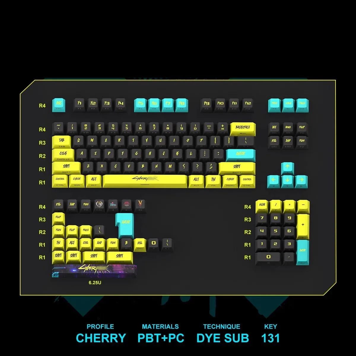 131 клавиш PBT Материал 2077 боковые флейты колпачки для клавиш Вишневый профиль набор сублимационных колпачков для механической клавиатуры MX Switch