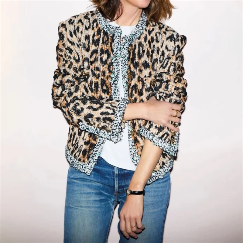 Autumn Winter Women Leopard Print Wool Blend Tweed Jacket Crew Neck Cropped Fashion Elegant Textured Knitwear Casual Outerwear