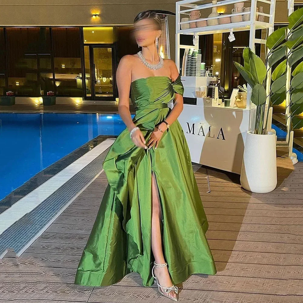 Personalizado verde tafetá a linha formal vestidos de baile fenda lateral um ombro plissado vestido de noite arábia dubai pageant formal par