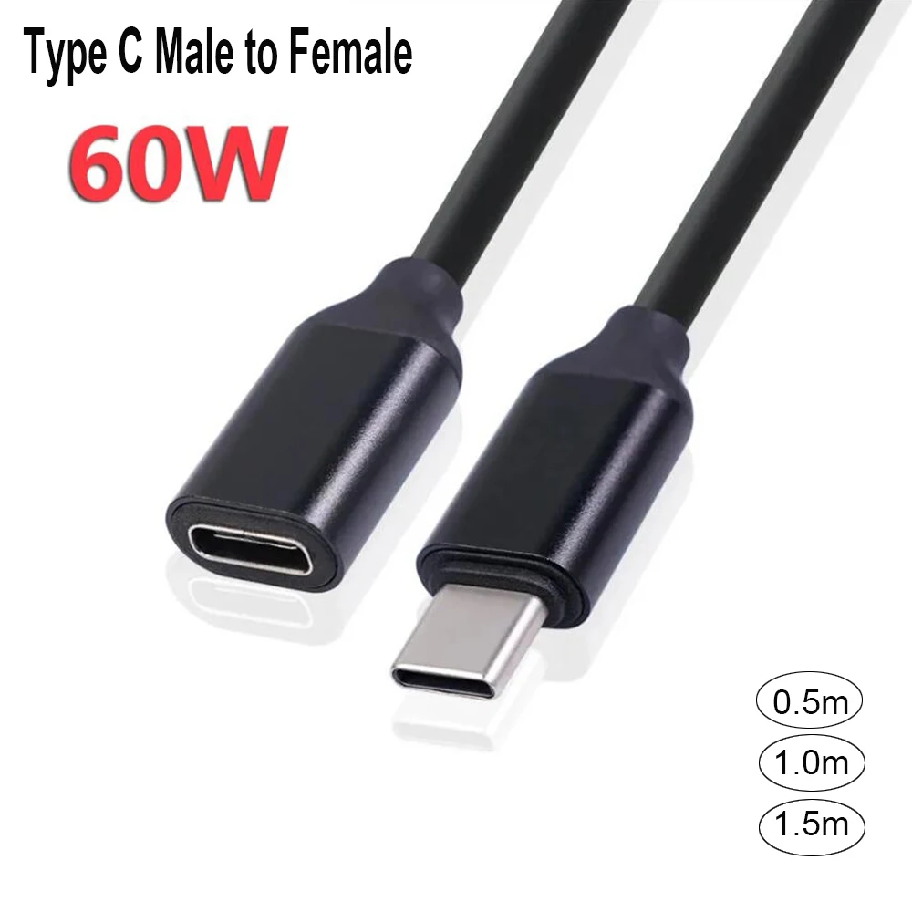 0.5/1/1.5 m 60W 3A Usb C Type-c Extension Cord Type-c Male to Female Extension Cable Gold-plated Extensor Charger Wire Connector