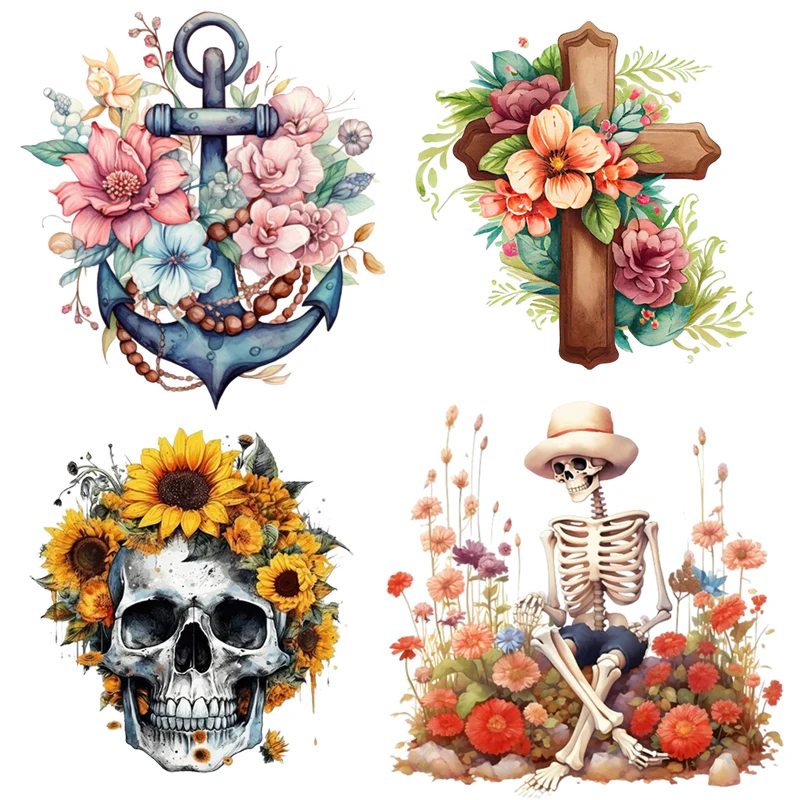 Three Ratels Q25 Watercolor Skull Flower Cross  Art stickers for home decoration Self pasting