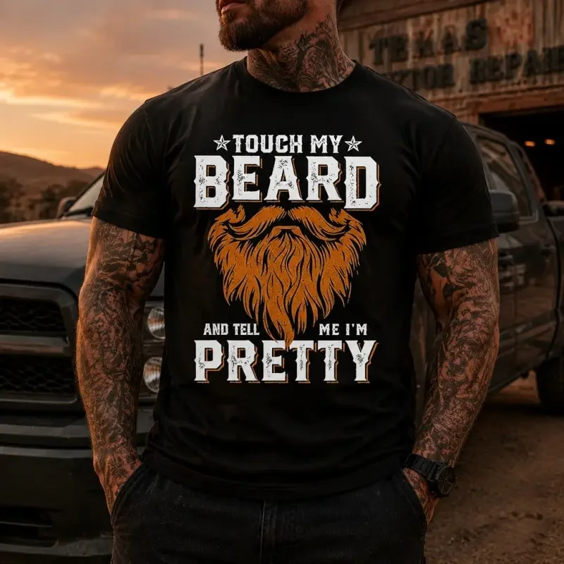 Men's Casual Crew Neck Short-Sleeve Breathable Cotton Vintage Sports Top - Skull Beard Print, Funny Biker Graphic, Ideal for Back to School, Halloween Gifts