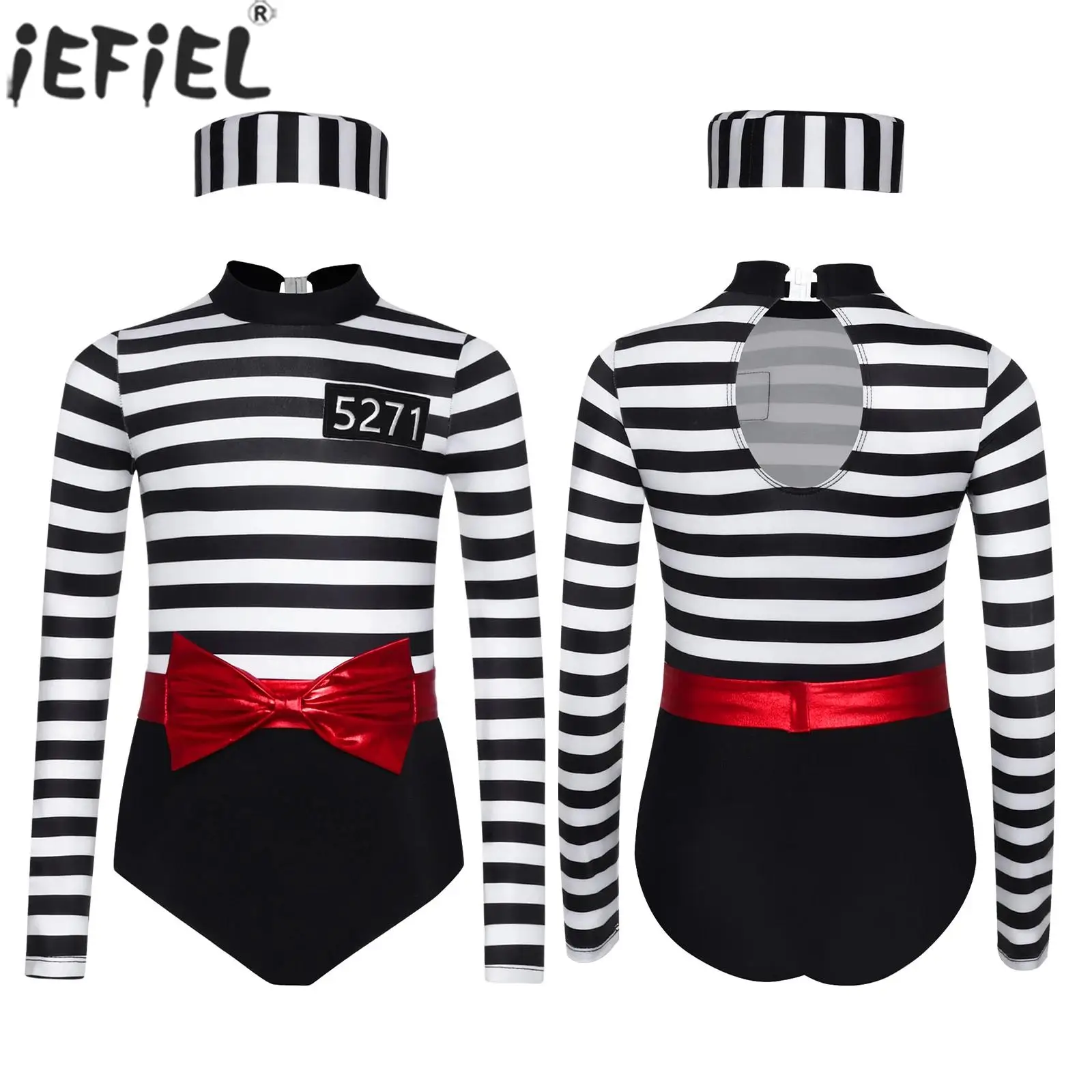 Teen Girls Halloween Prisoner Cosplay Bodysuit Long Sleeve Striped Jailbird Jumpsuit with Belt Convict Cap Criminal Costume