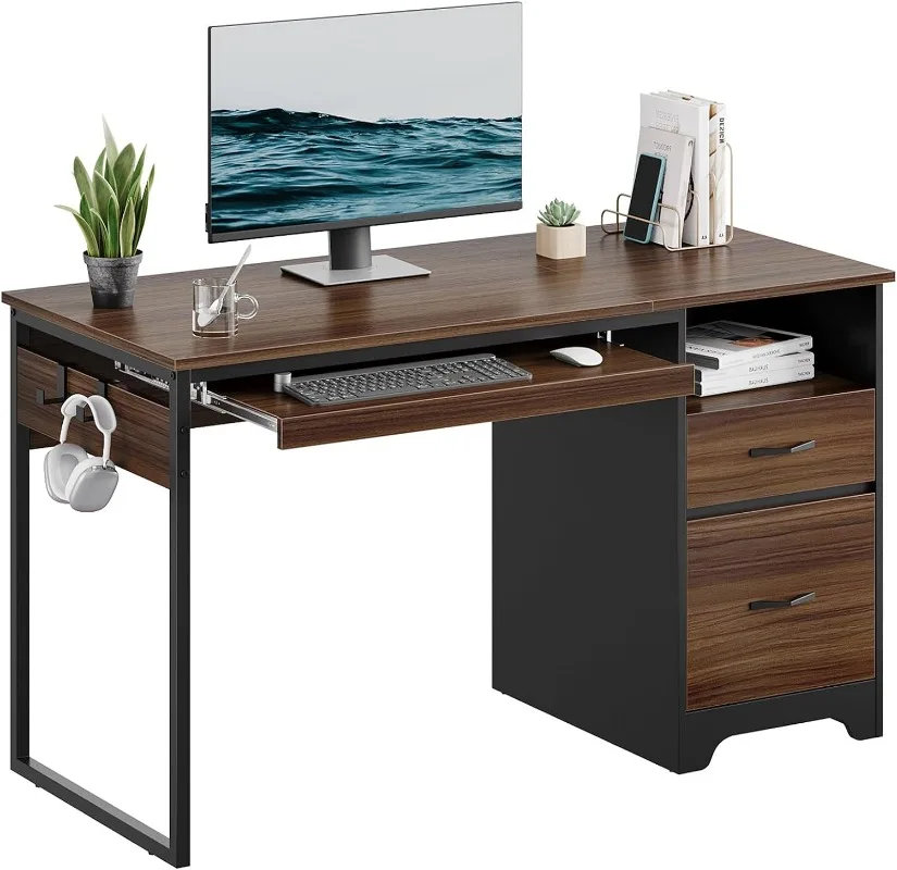 48” Computer Desk with Drawers, Office Desk with Storage, Industrial Wood Writing Desk with File Drawer, Keyboard Tray &