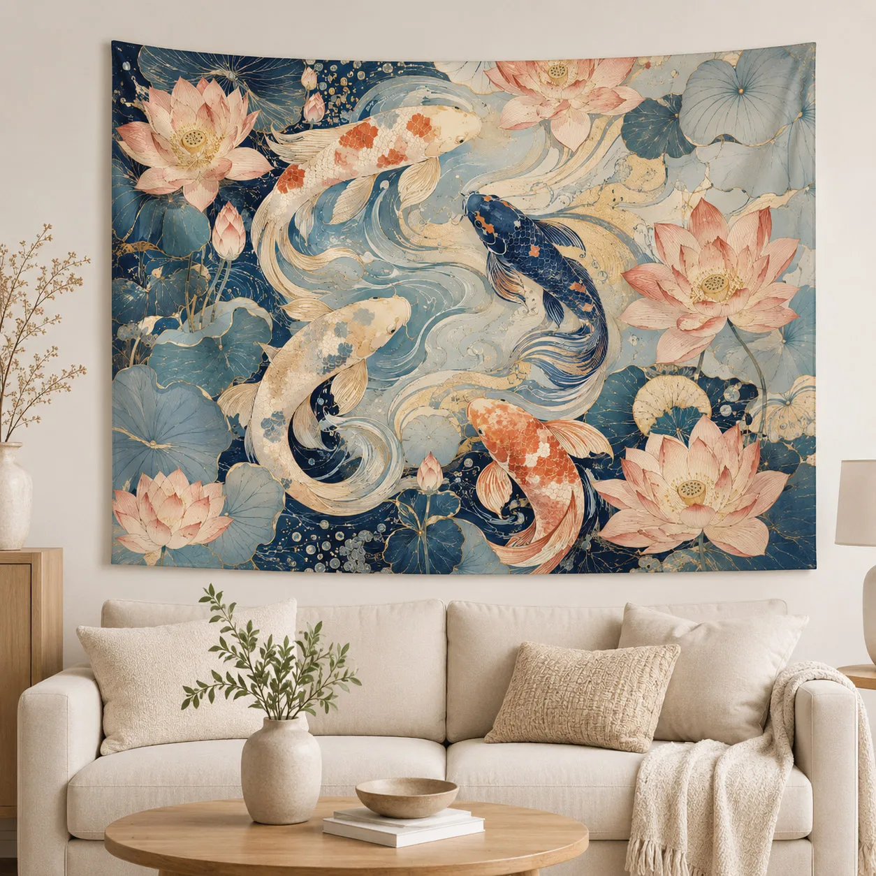 Aesthetic Ukiyo E Tapestry Japanese Style Carp Wall Hanging Boho Room Decor Nature Lotus Sea Fabric Tapestries