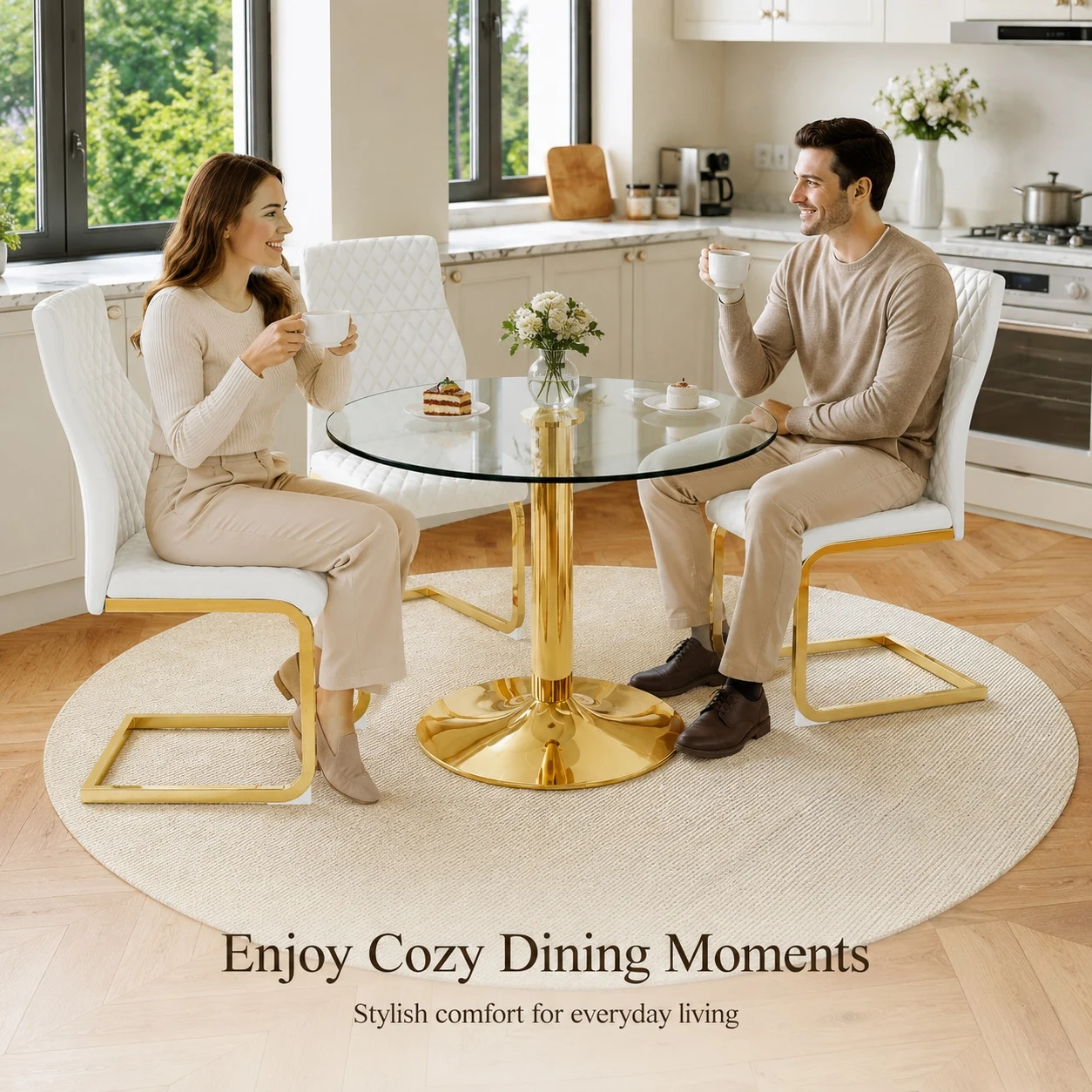 Ensemble table et chaises de salle à manger, plateau en verre avec structure en métal, chaises en cuir PU blanc et doré et chaises transparentes disponibles, 88,5 x 88,5 x 13,5 cm, convient pour cuisine, salle à manger et salon