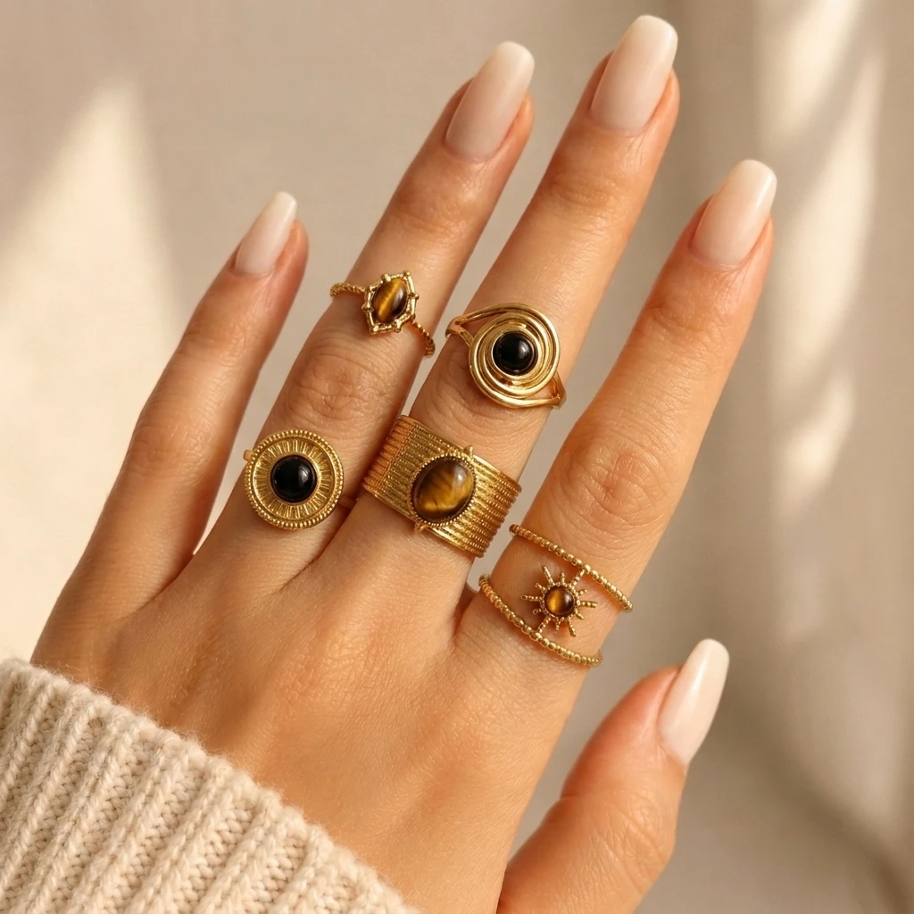 Edelstahl Vintage Tigerauge Steinring für Frauen Sonnenspirale Schwarzer Onyx Eingelegter Knöchelring Boho Statement-Schmuck