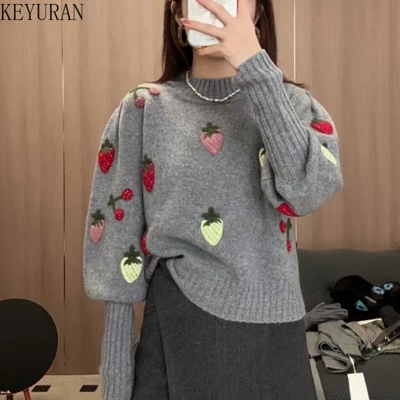 

Autumn Winter Thick Round Neck Pullover Cashmere Sweater Women's Clothing Strawberry Hook Flower Wool Knitted Sweaters Jumpers